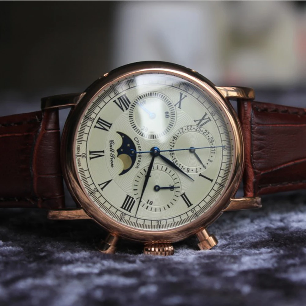Mechanický Chronograf Hodinky mužov náramkové hodinky Seagull ST1908 Pohyb Zlata z Nehrdzavejúcej Ocele Sapphire Fázy Mesiaca Náramkové Hodinky pánske