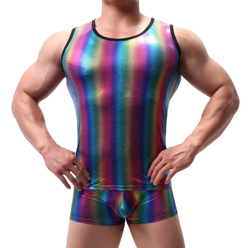 Mens Lesklé Fitness Tielko Rainbow Košele Bez Rukávov Sexy Vesta Undershirts Puzdro Bielizeň Bežné Gay Športových Nádrže