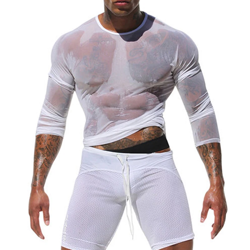 Mens Transparentné Sexy Oka T Shirt 2020 Nové Vidieť Cez Sieťované Dlhý Rukáv Svalov Undershirts Nočný Klub Strana Vykonať Top Tees