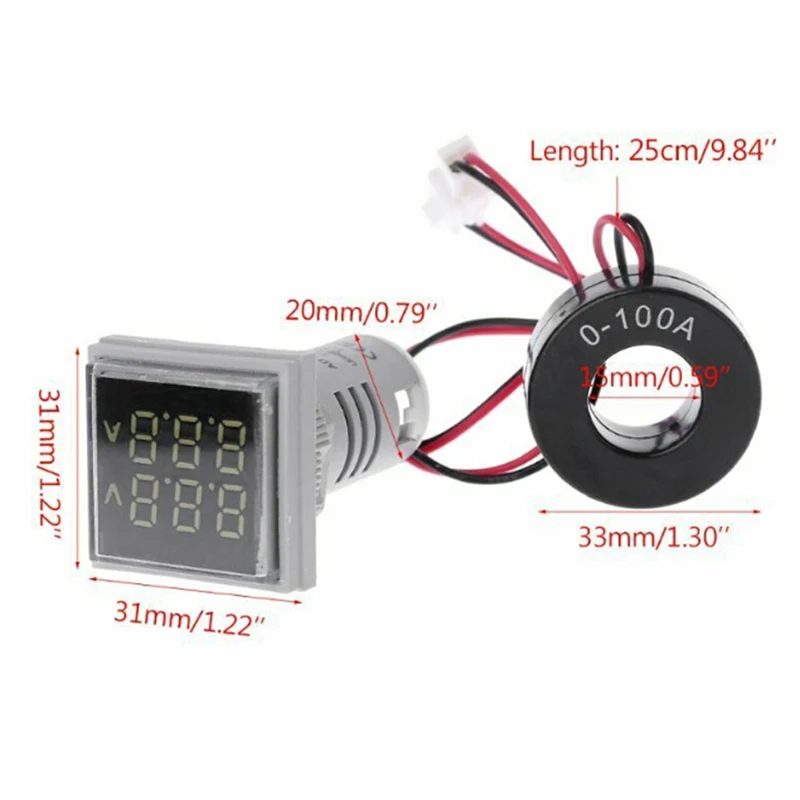Mini 22 mm LED Digitálny Duálny Displej Voltmeter Ammeter Meter Napätie Prúd Tester AC 60-500V 0-100A Zobraziť Obrys Veľkoobchod