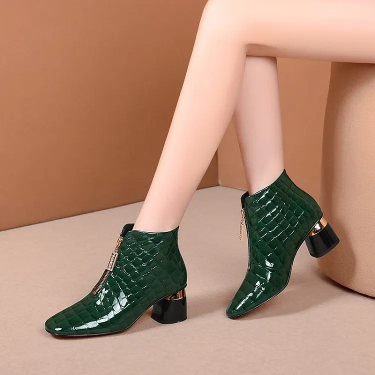 MLJUESE 2021 ženy členková obuv hovädzie kože zelená farba zipsy kockovaná zime krátke plyšové kolo podpätky členkové topánky veľkosť 34 - 41