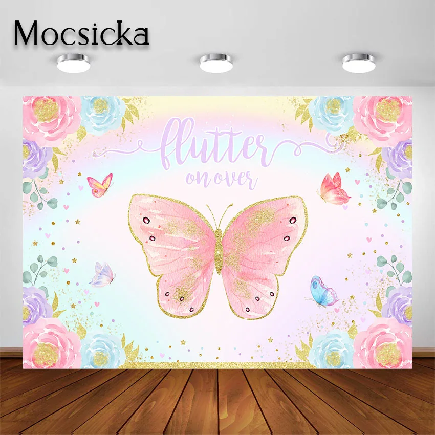 Mocsicka Ružová Motýľ Narodeniny Kulisu pre Dievča Party Dekorácie, Kvetinová Motýľ Baby Sprcha Fotografia v Pozadí