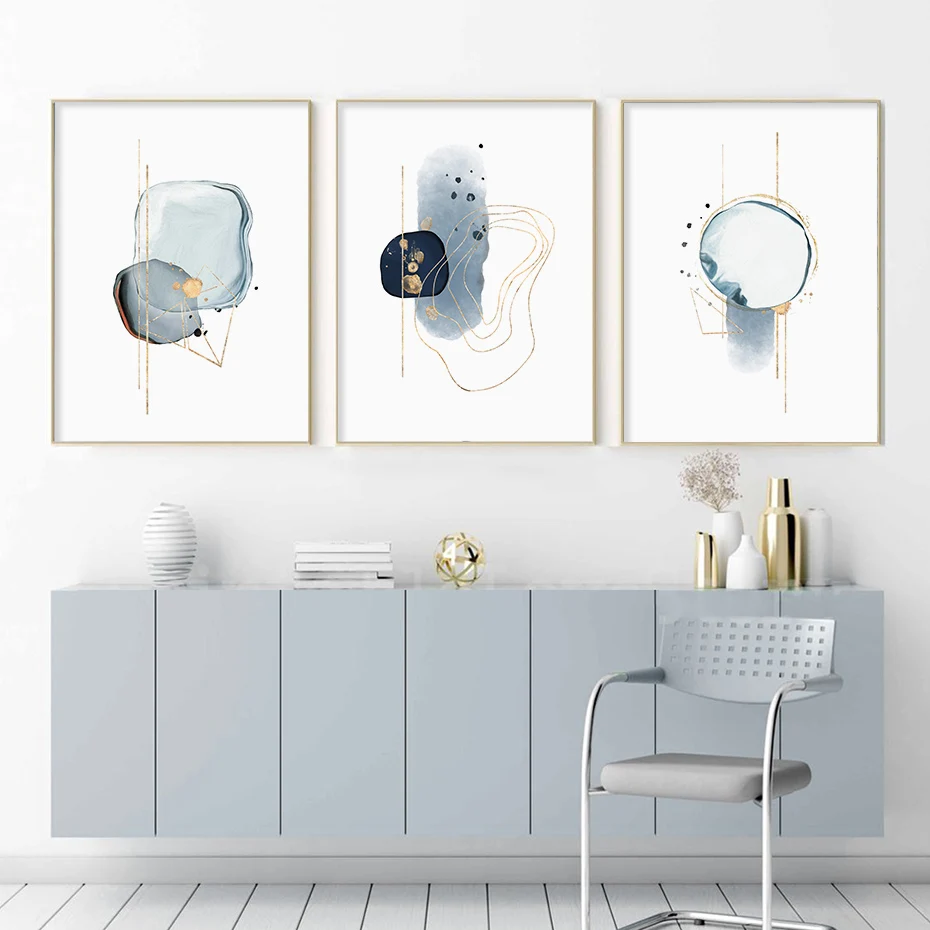 Moderné Abstraktné Modrá Vypracovaný Skica na Plátne Maľovanie Minimalistický Gold Line Wall Art Plagát, Tlač Obrázku na Obývacia Izba Domova