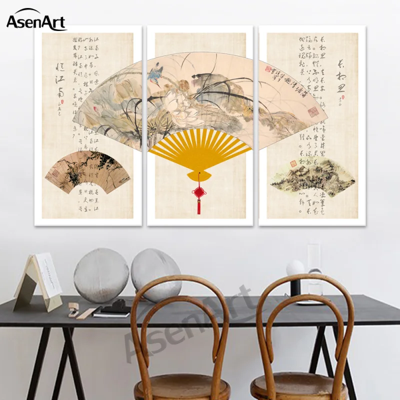 Moderné Nástenné Art Čína Lotus Papier Ventilátor Tri-obrázok Zmes Olej, Plátno, maľovanie Zarámované Výtlačky nástenná maľba Domova Drop Shipping