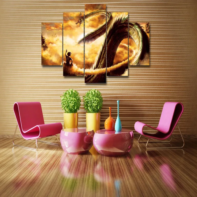 Moderné sprej Plátno na Maľovanie Frameless 5 Tabúľ Golden dragon Stenu Kotúča, pre Obývacia Izba dekor Domov stenu, kresby, obrázky