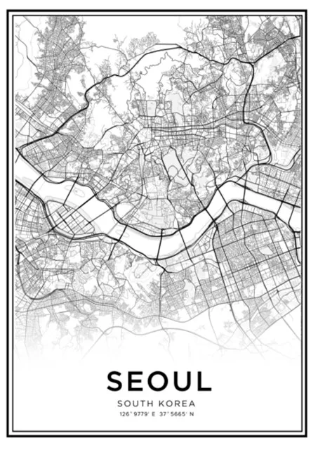 Moderné Čierne A Biele Mapy, zemepisná šírka Zemepisná dĺžka Seoul City Plagát HD Tlač Južná Kórea Cestovné Wall Art Maliarske Plátno
