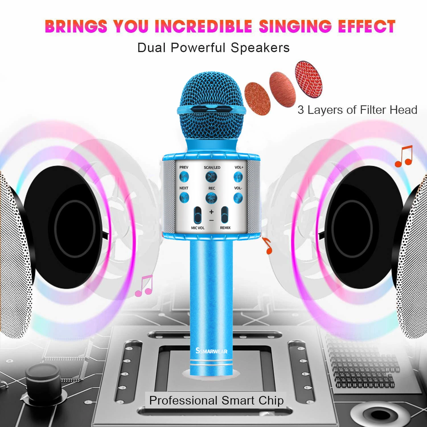 Modrá 4 V 1 LED Bezdrôtového pripojenia Bluetooth Mikrofón Reproduktor Profesionálne Ručné Karaoke Mikrofón Prehrávač Hudby, Spevu Záznamník KTV Mic
