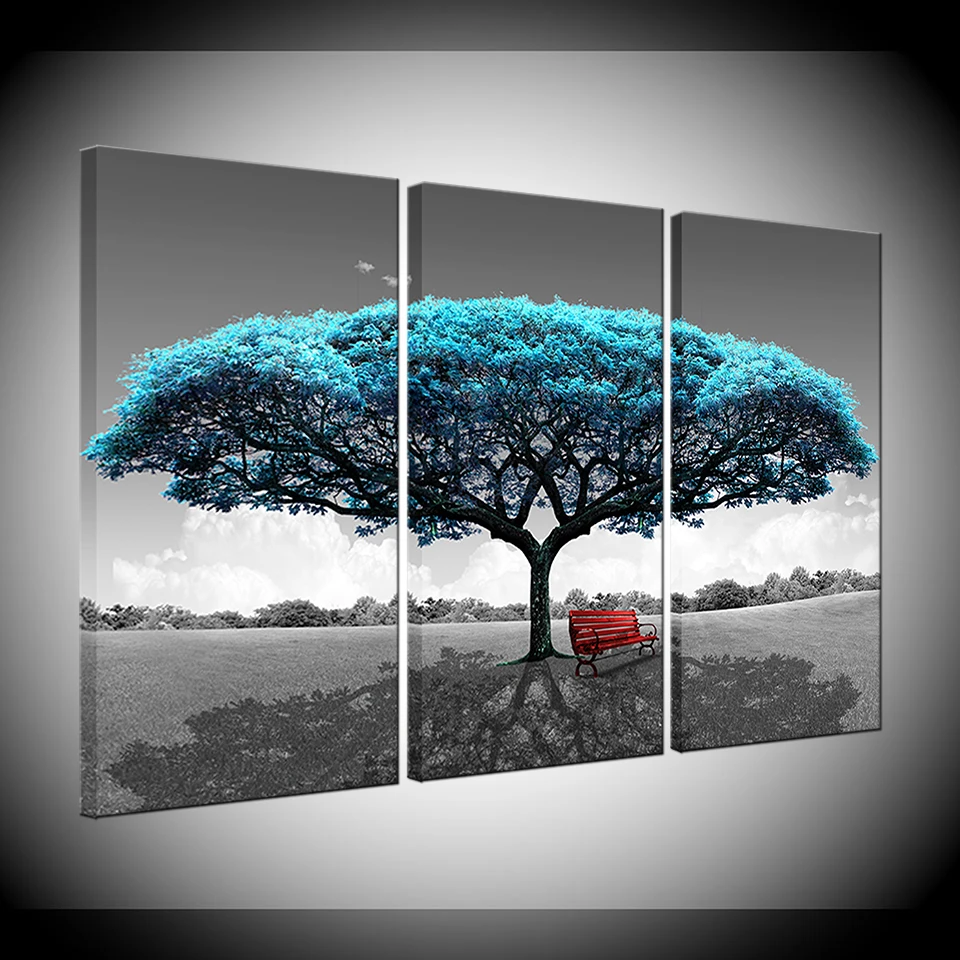 Modulárny Plátno HD Vytlačí Plagáty Domova Wall Art Obrázky 3 Kusy Blue Tree Umenie Scenérie Krajiny Obrazy Rámec