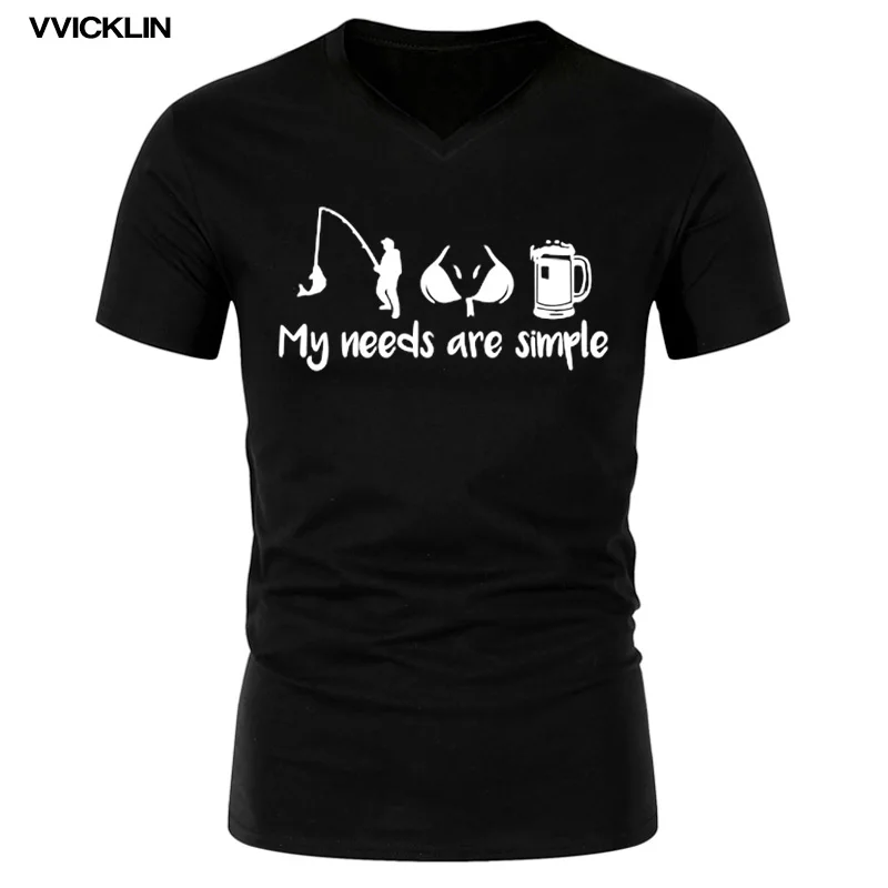 Moje Potreby Sú Jednoduché Tlačiť T-shirt Mužov Letné Bavlnené Krátke Vtipné Fishinger Prsia Pivo V-neck Tričká Pre Mužov Plus Veľkosť