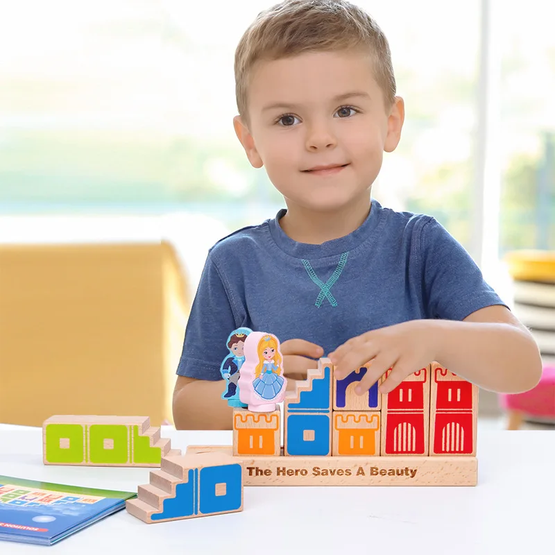 Montessori Drevené Stavebné Bloky, Hračky vzdelávacie hry Prince Zachrániť Princeznú, Interaktívne Hry pre Deti 3d bloky Dary