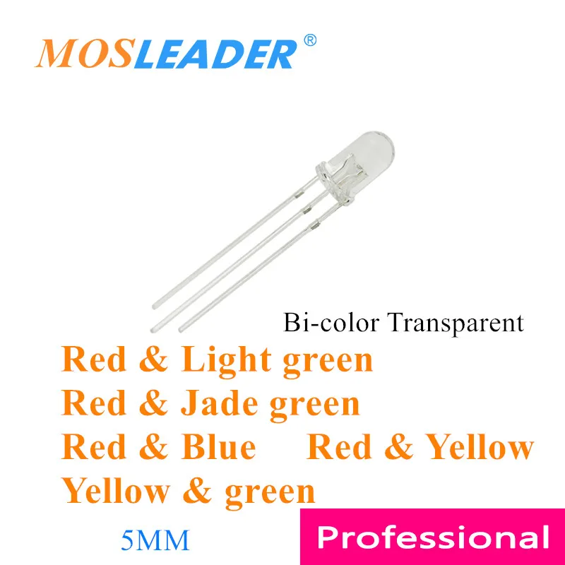 Mosleader 1000pcs LED 5mm Rozptýleného Kolo Red & Green Red & Blue RG RB Bi-color Dve Farby F5 Spoločná Anóda Katóda 3 Kolíky