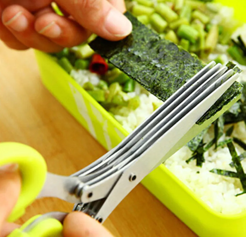 Multi-layer kuchyne, multifunkčná nerezová oceľ 5 vrstva zelená cibuľa nožnice pór petržlen rezanie cibuľa nôž strúhaným papier