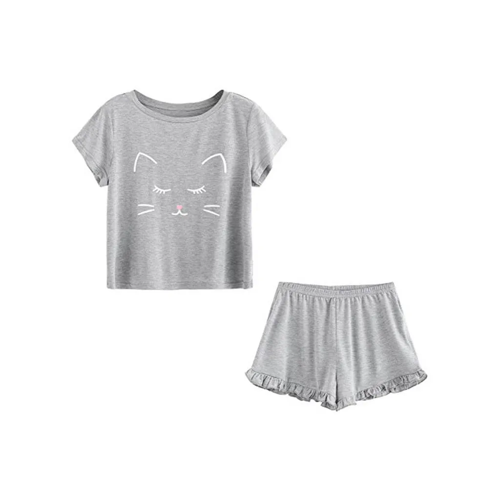 MUQGEW pyžamá pre ženy, domáce oblečenie Žien Bežné Mačka Šortky Krátky Rukáv Rozstrapatené T-Shirt Sleepwear Odev Set#g2