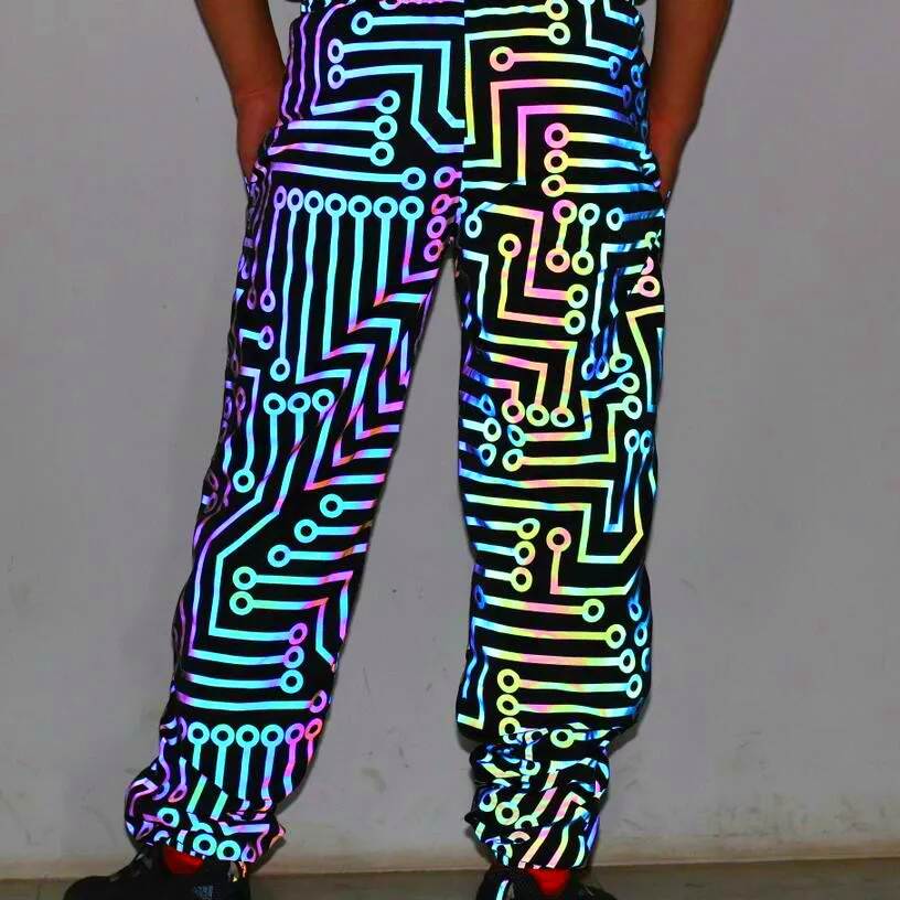 Muži geometrické okruhu farebné reflexné nohavice elastický pás hip hop tepláky ženy harajuku bežné nosenie ulice