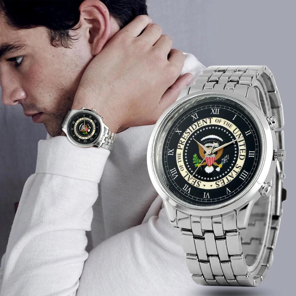 Muži Móda Pečať Prezident Spojených Štátov Vzor Sledovať Prémiové Zliatiny Kapela Hodinky Quartz Analógové Náramkové hodinky