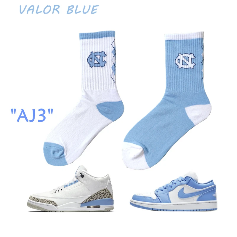 Muži Nový Módny Valor Modré Bavlnené Športové Ponožky AJ3 Zodpovedajúce Farby UNC Logo Basketbal Pančuchy