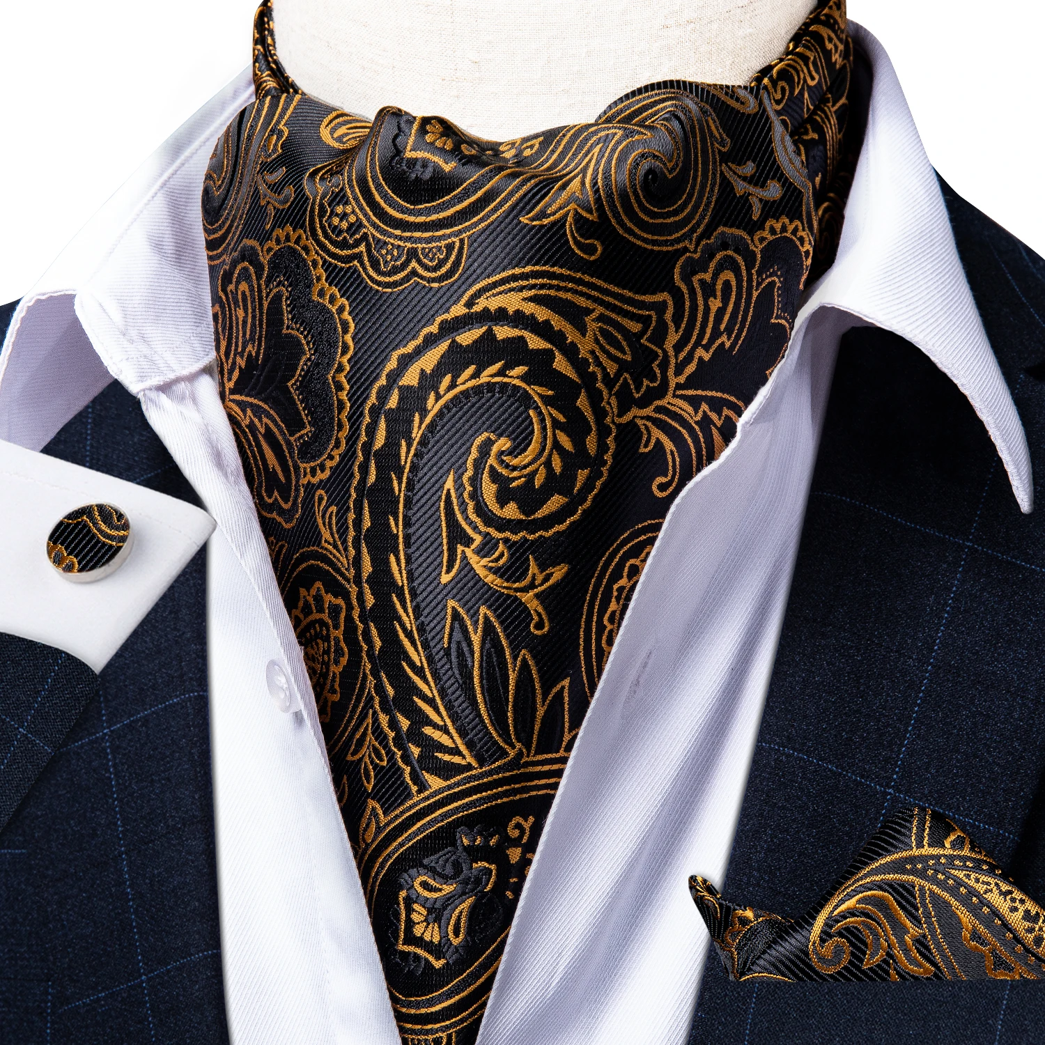 Muži Ročník Kvetinový Paisley Gold Black Svadobné Formálne Cravat Ascot Scrunch Samostatne Kravatu Britský Štýl Luxusné Hodvábne Krku Kravatu DiBanGu