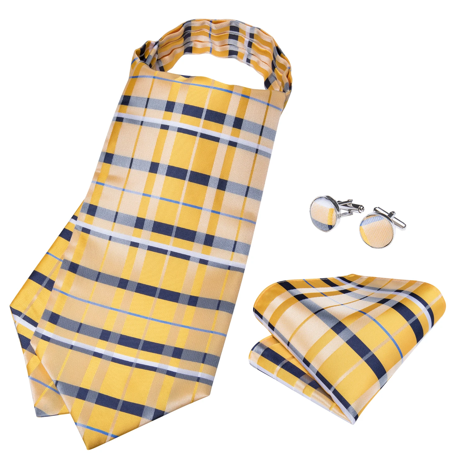 Muži Vintage Yellow Skontrolujte Prekladané Svadobné Formálne Cravat Ascot Strany Scrunch British Hodvábna Kravata Vrecku Štvorcové Manžetové Gombíky Nastaviť DiBanGu