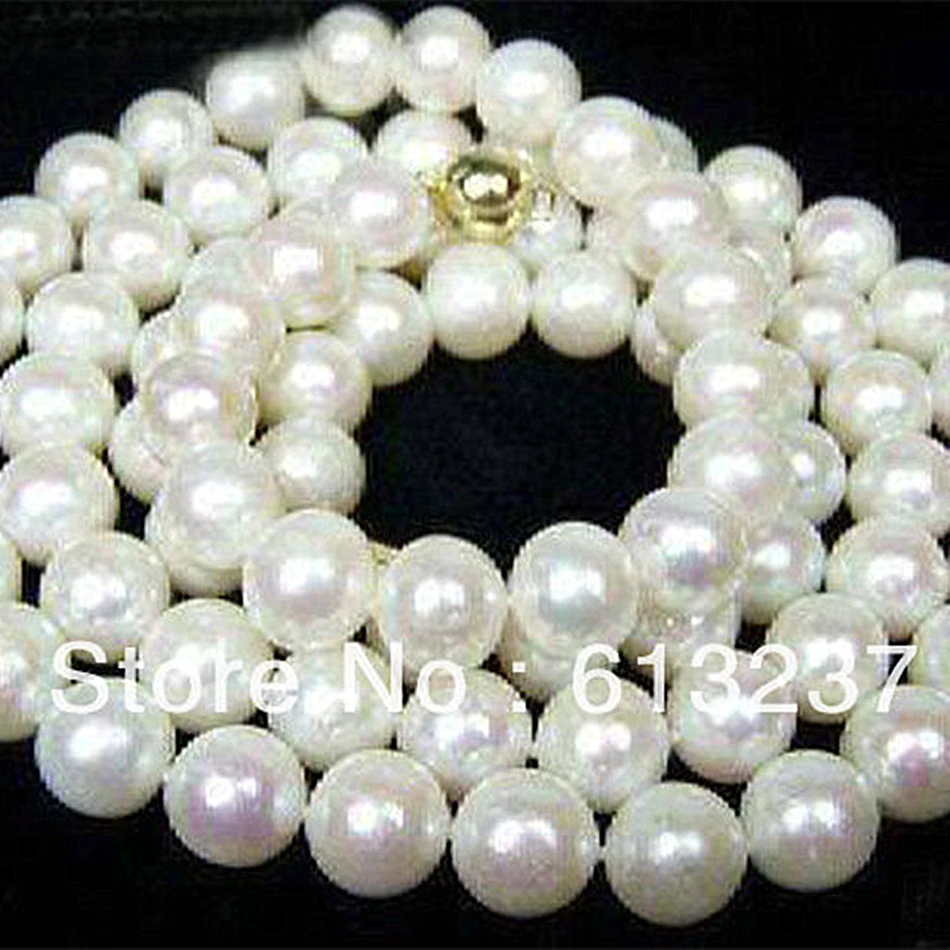 Móda 7-8 mm biela akoya umelé prírodné kolo pearl korálky diy krásny náhrdelník, takže 34 palcový zlata-farebná spona MY4510