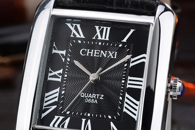 Móda CHENXI Značky Pár Žena Quartz Hodinky Mužov Business Náramkové hodinky Elegantné Ženy Fashion Square Kožené Šaty náramkové hodinky