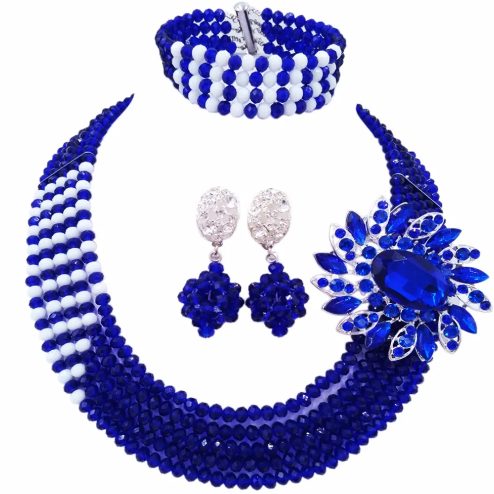 Móda Kráľovská Modrá Biela Multi oblasti činnosti Vyhlásenie, Náhrdelník Nigérijský Korálky Afriky Šperky Set Crystal Svadobné Sety 5JZ19
