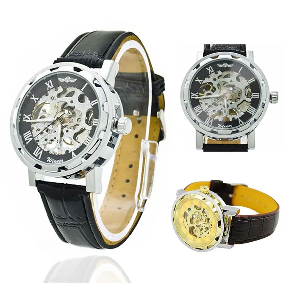 Móda Nové Muži Mechanické hodinky Kostra Mechanické púzdro z Nerezovej Ocele PU Watchband Klasické Športové Armády Náramkové Hodinky LL