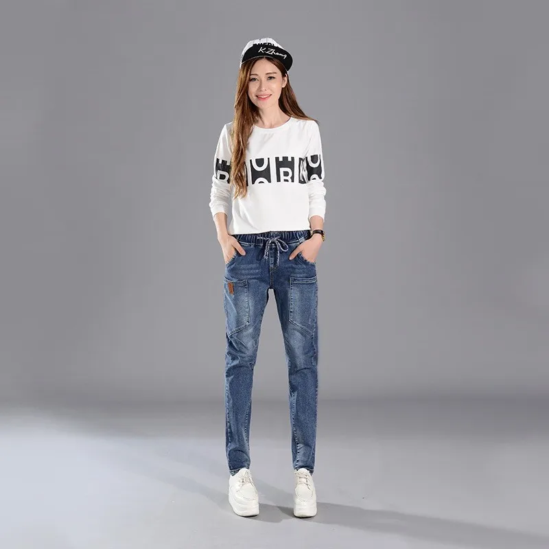 Móda Nové Voľné Fit Dámske Plnej Dĺžke Džínsové Nohavice Streetwear Kórejský Vrecká Šnúrkou Pása Ženy Hárem Nohavice Plus Veľkosť