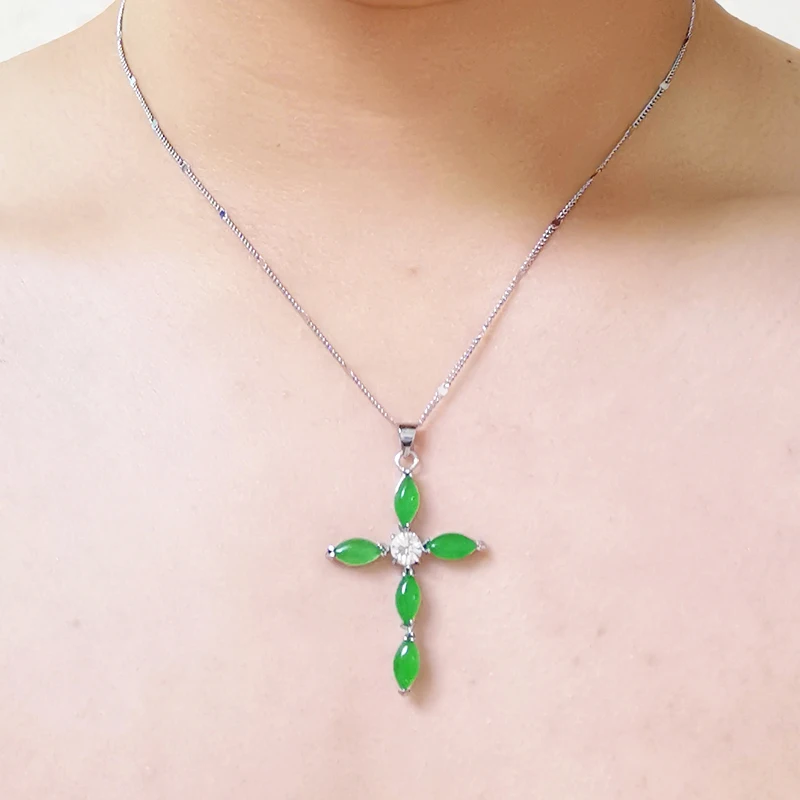 Móda Prírodné Green Jade Emerald Kríž Náhrdelník Z Nehrdzavejúcej Ocele Reťazca Choker Prívesky, Náhrdelníky Pre Mužov, Ženy Strany Šperky