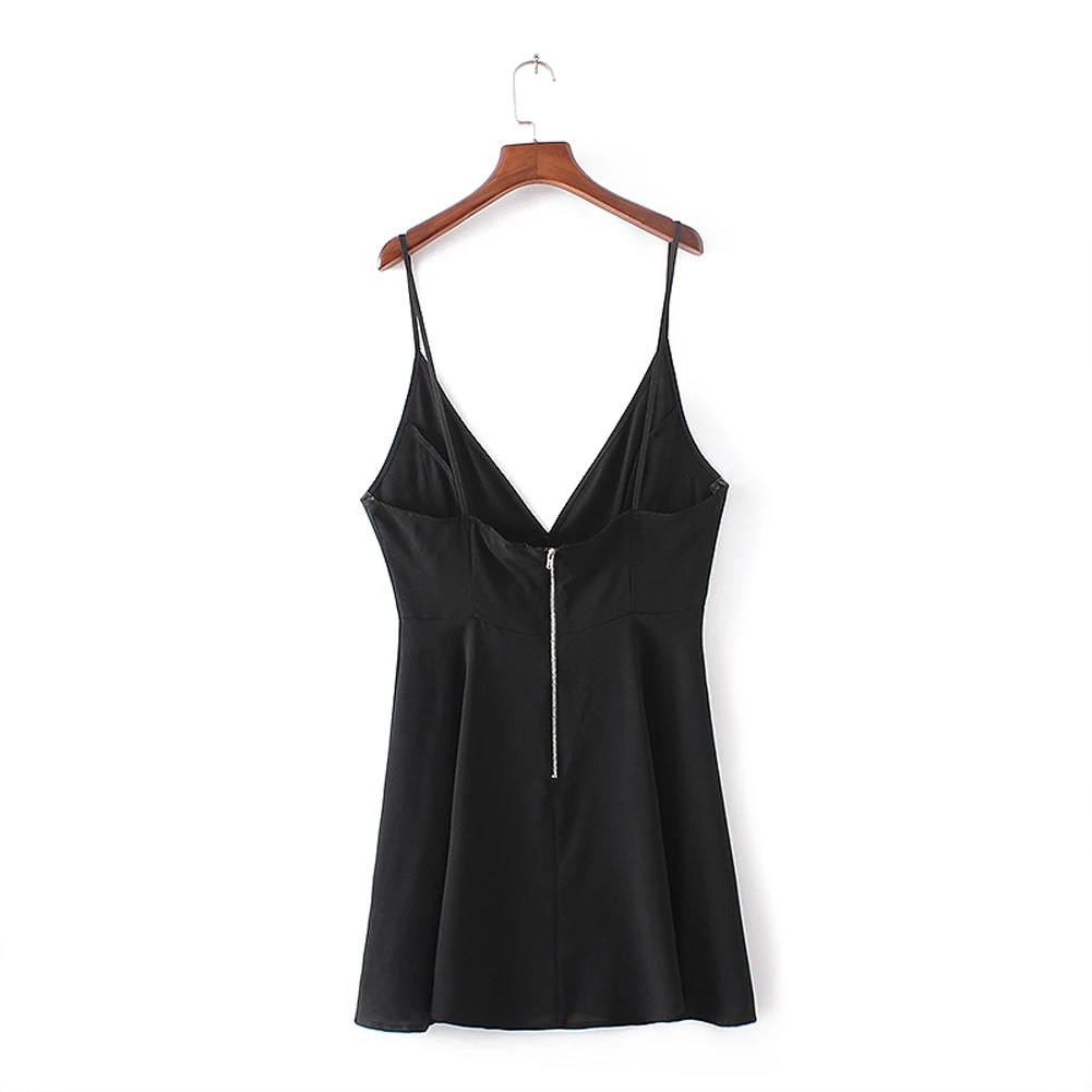 Móda Ženy Mini Šaty Hlboké V-Neck Špagety Popruh Výšivky Zložené Zips Letné Šaty Black
