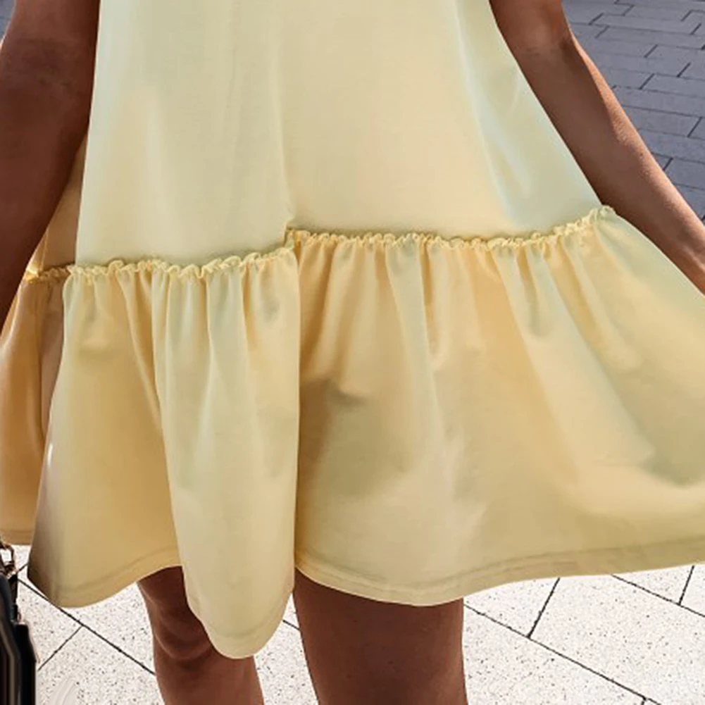 Móda Ženy Šaty, jednofarebné O Krk Krátky Rukáv Rozstrapatené Lem Line Mini Šaty женское платье vestido de mujer 2020