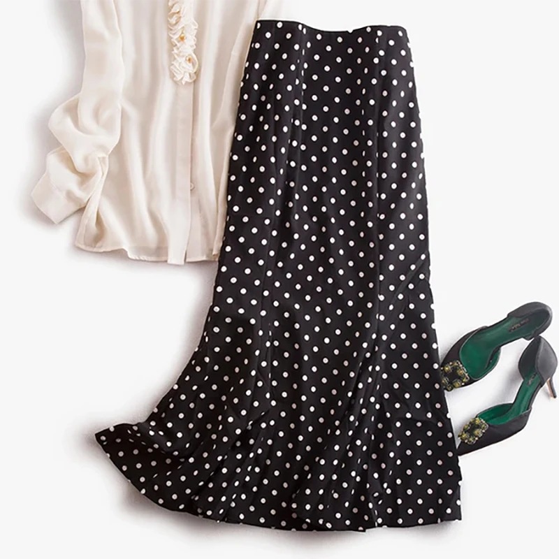 Móde Polka Dot Dievčatá Dlhé Sukne Kvetované Black Elegantný Maxi Office Zips, Sukňa S Podšívkou Plus Veľkosť M30241