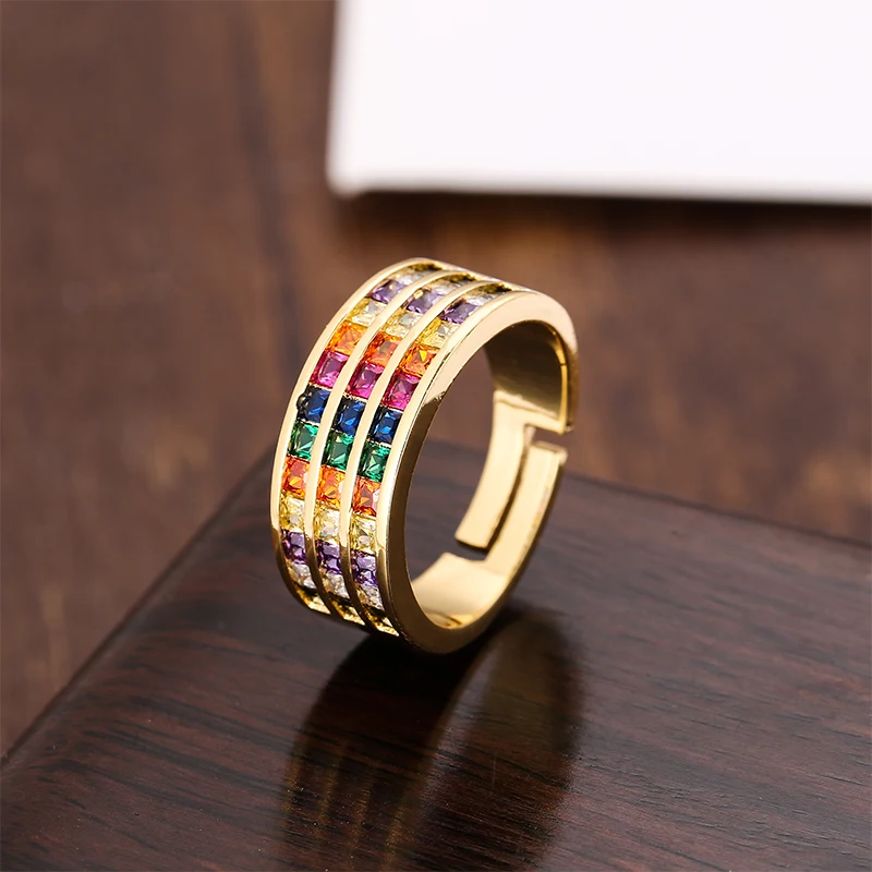 Módne dámske zlaté cz krúžok nastaviteľné rainbow krúžok Snubné prstene, Viacfarebná crystal medený krúžok šperky, darček pre ženy