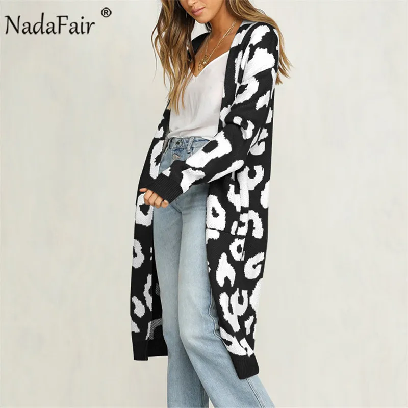 Nadafair Dlhé Pletené Leopard Cardigan Ženy Plus Veľkosť Bežné Zrastov Zimné Nadrozmerné Cardigan Sveter Jeseň Kabát Vytiahnuť Femme
