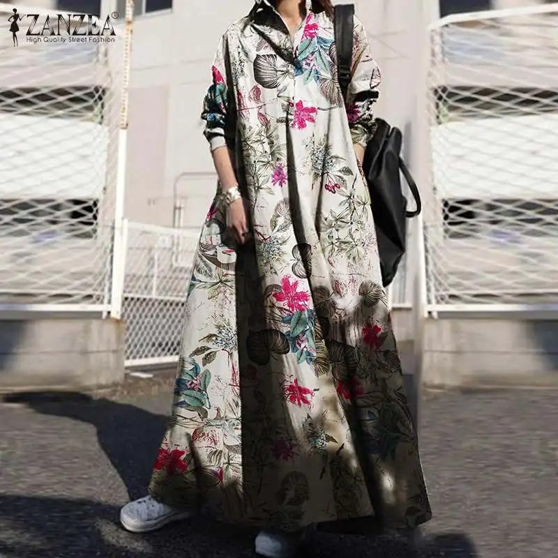 Nadrozmerné Vintage Ženy Kvetinový Tlačené Šaty Jeseň Sundress ZANZEA Príležitostné Voľné Dlho Vestidos Ženské Šaty s Dlhým Rukávom Bavlna
