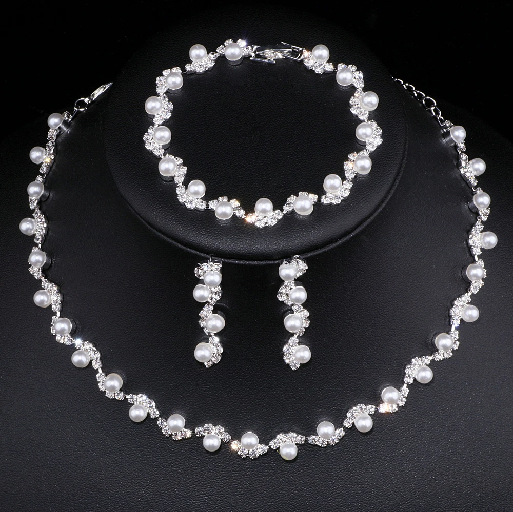 Najnovšie Simulované Pearl Nevesta Svadobné Šperky Sady Elegantné Crystal Náhrdelníky Náušnice, Náramky, Súpravy Ženy Doplnky Strany WX040