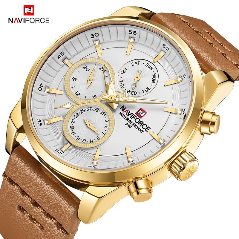NAVIFORCE Pánske Zlaté Hodinky Luxusné Obchodné Športové Náramkové hodinky Quartz Muž Originálne Kožené Nepremokavé Multi-function Analógové Hodiny