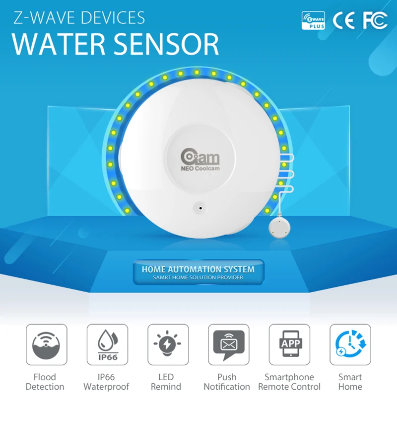 NEO Coolcam Z Vlny Povodní Detekcia Snímača Smart Home Automation ZWave Únik Vody Snímač s Diaľkovým Sonda Vode Odolný