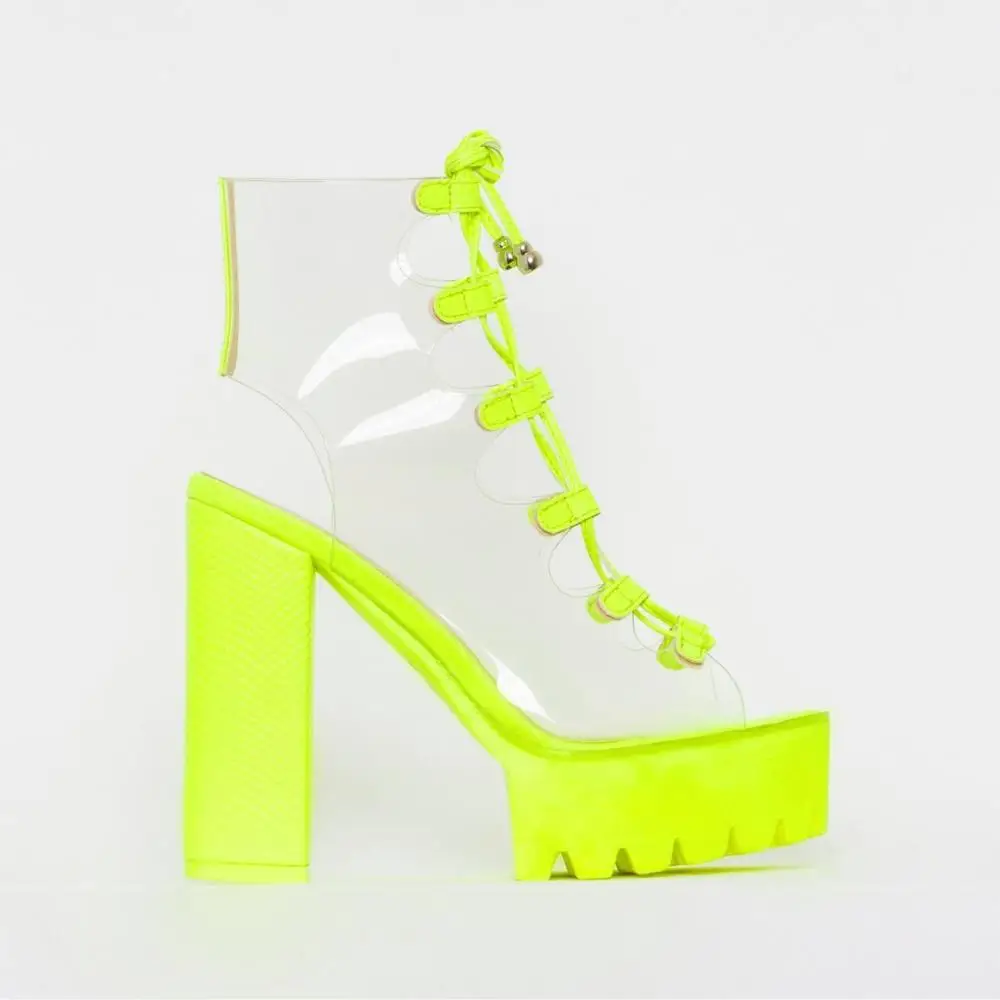 Neon Zelená PVC Jelly Sandále Otvorené Prst Krajky-up Gladiator Vysoké Podpätky Letné Topánky na Platforme Päty Transparentné Sandále Veľká Veľkosť 42