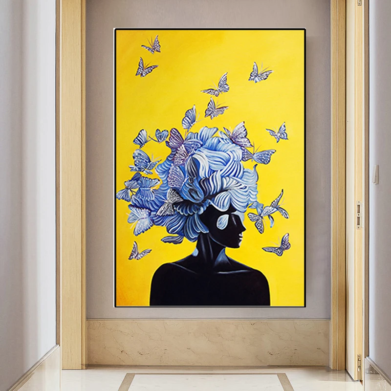 Nordic Abstraktné Dievča s Butterfly Plátno na Maľovanie Žltá Modrá Plagáty a Tlač Wall Art Obraz Cuadros Domáce Dekorácie