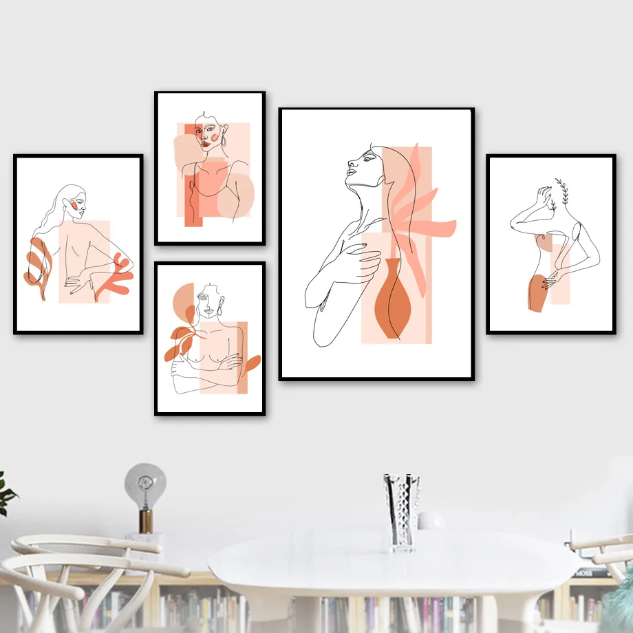 Nordic Minimalistické Línie Dievča Obrázok Orange Listy Wall Art Plátno Maľovaní Plagátov A Potlačou Obrazov Na Stenu Pre Obývacia Izba Dekor