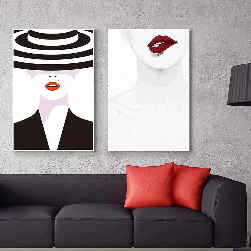 Nordic Minimalistický Červené Pery Dievča Plátne Obrazy Čiernej a Bielej Pruhované Klobúk Plagát, Tlač Wall Art Obrázky Dievčatá Spálňa Decor