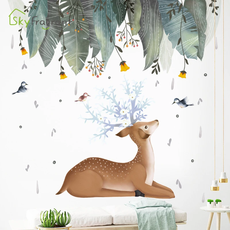Nordic samolepky na stenu jeleň listy malé, čerstvé nálepky domova obývacia izba, spálňa decor samolepiace nálepky miestnosti dekorácie