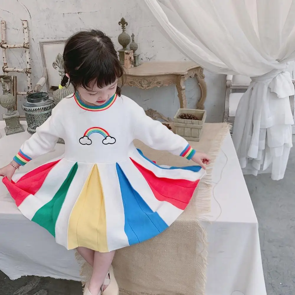 Nové 2020 Baby Girl Dress Rainbow Pletenie Dlhý Rukáv Jeseň Oblečenie S Dlhým Rukávom Dieťa Dievča Oblečenie, Zimné Deti Šaty Pre Dievčatá