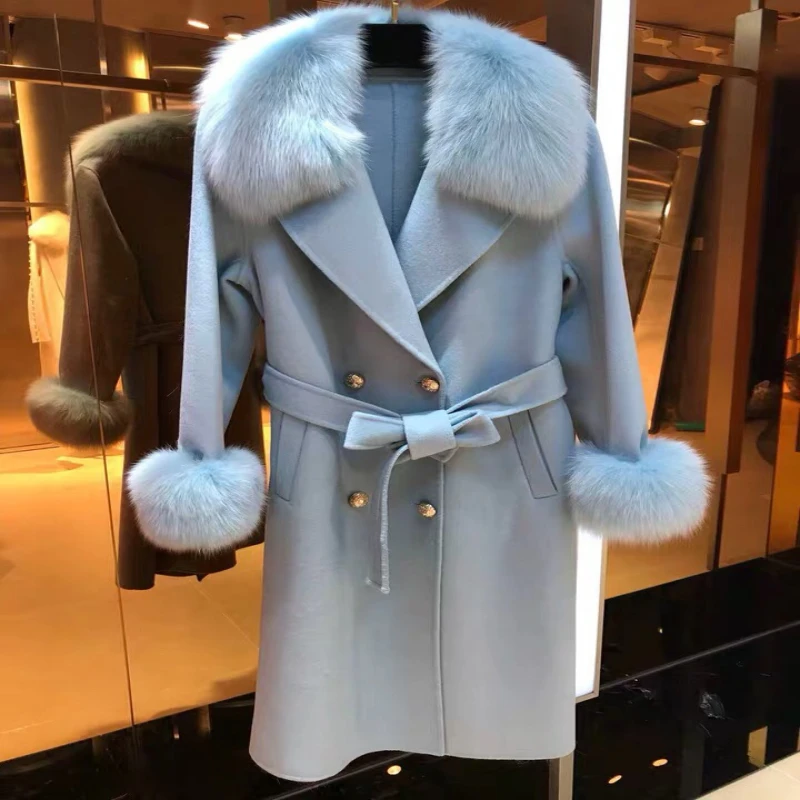 Nové 2021 módne Fox Kožušiny Golier Cashmere Vlna Zmesi Dlho Teplé vrchné oblečenie Zahustiť Ženy Zimný Kabát S Pásom