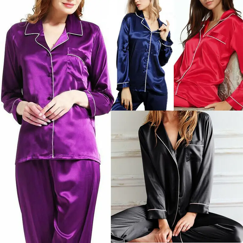 Nové Elegantné Módne Bežné Ženy Lady Saténové Pyžamo Set Hot Pevné Pyžamo Oblečenie Pre Voľný Čas Sleepwear Odev Plavky