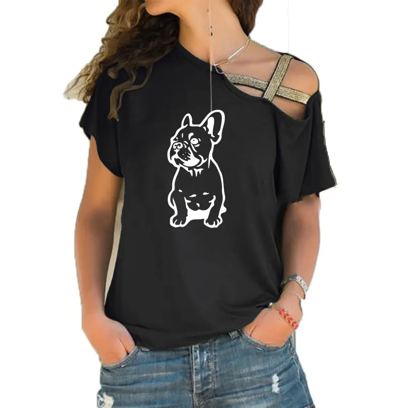 Nové Letné francúzsky Buldog T Shirt Ženy Bavlna Krátky Rukáv Dievčatá Tshirt Krásny Pes T-shirt Nepravidelný Skosenie Kríž Obväz Čaj