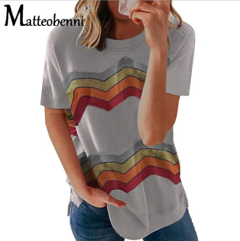 Nové Módne O-neck T Shirt Ženy Harajuku Pruhované Tlač Tričko Topy 2020 Letné Voľné Bežné Streetwear Krátky Rukáv T-shirts