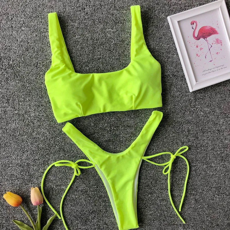 NOVÉ Neon Zelená Vysokej Nohe Rez Bikiny Žien Tangá Plavky 2020 Ženy Brazílske Plavky Dva kusy Bikini set Bather plavky