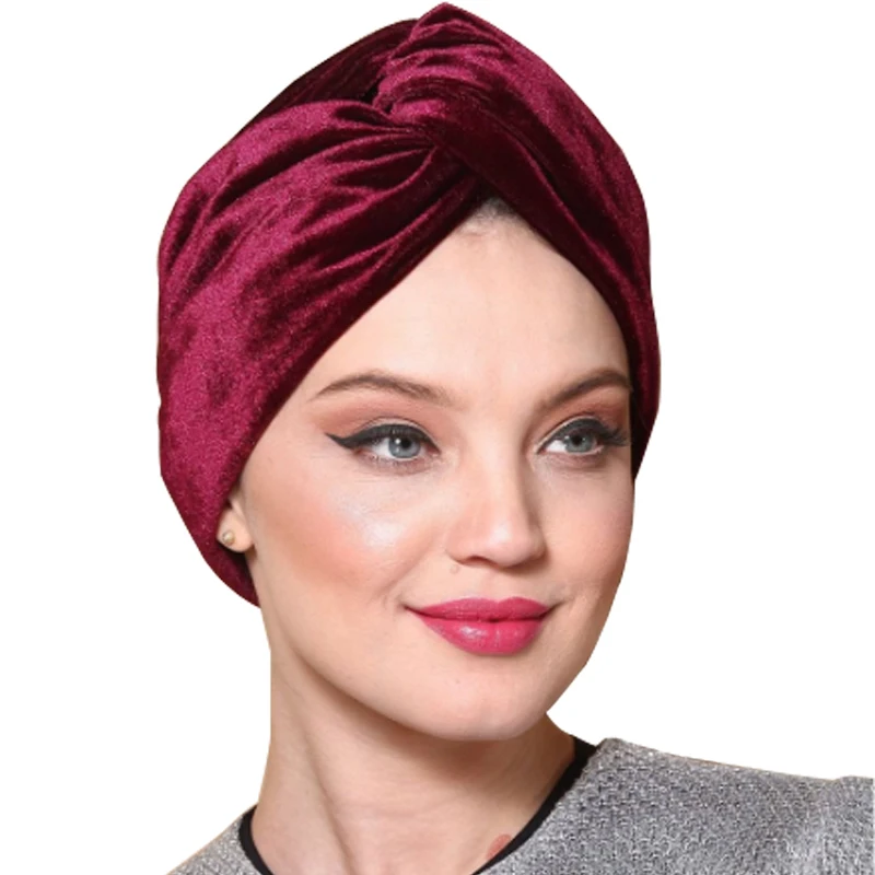 Nové velvet tvárny turban kapoty moslimských teplé zimné klobúk čelo kríž hidžáb čiapky žena underscarf spp indiánsky klobúk turbante