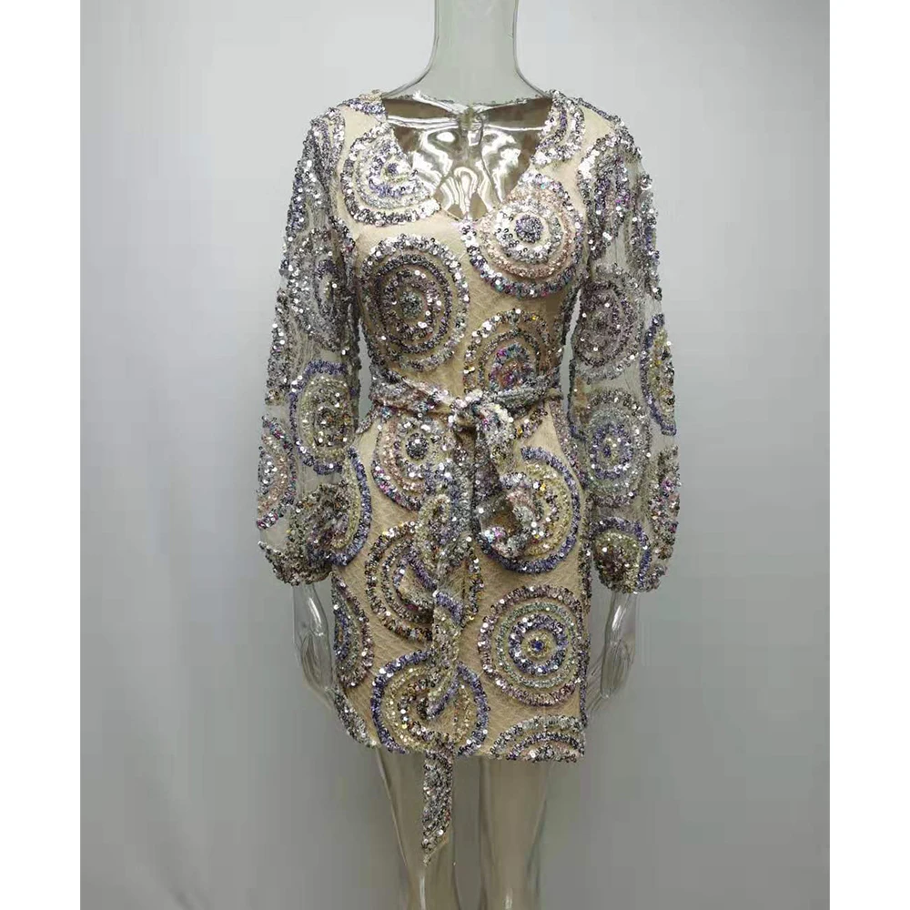 Nové Žien Flash Sequin šaty Hlboké V-krk Dlhý rukáv Bežné Mini Letné šaty S Pásom A2961